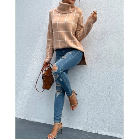 Boho Cozy Stripes Turtleneck Knit Sweater Top Apricot - Picture 4 of 6